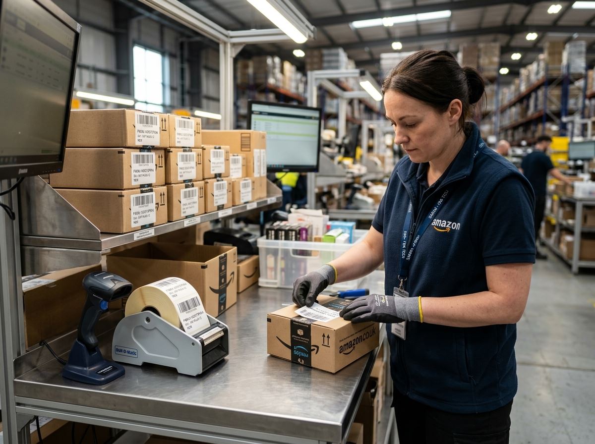 LOGDEX Amazon FBA Prep Specialist inspecting and barcode labelling inventory